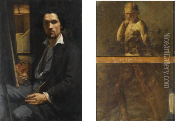 The Artist In His Studio (recto); A Study Of A Full Lenght Male Nude Oil Painting - Joseph Fortune Layraud