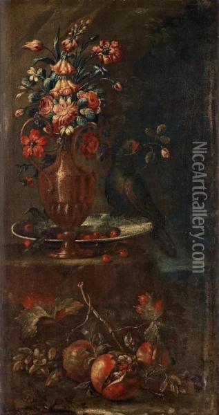 Still Life With Flowers And Parrot Oil Painting - Andrea Belvedere