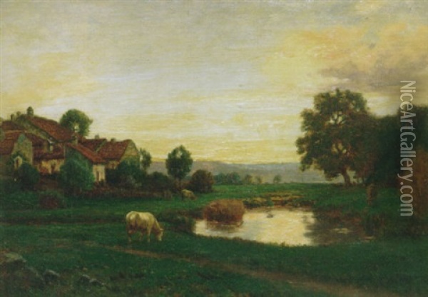 Cattle Grazing By A River, Sunset Oil Painting - Jean Ferdinand Monchablon