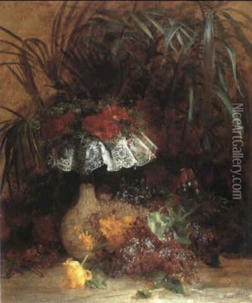 Stilleben Mit Sommerblumen Vor Einem Hintergrund Mit Palmenblattern Oil Painting - Anna Peters
