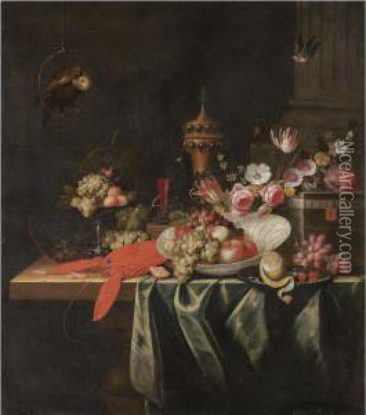 Still Life With Grapes And Apples In A Porcelain Bowl, Cherries And A Partly Peeled Lemon On A Pewter Plate, Together With A Lobster, Shrimps And A Gilt Pokal, All Arranged On A Partly Draped Stone Table, With A Bird Of Prey And Two Songbirds In The Backg Oil Painting - Pseudo Simons