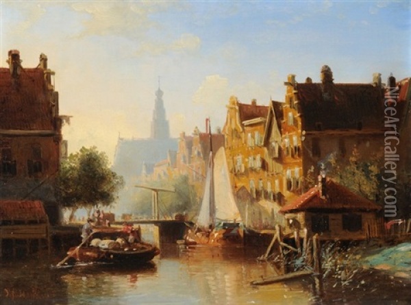 Gracht In Haarlem Oil Painting - John Frederik Hulk the Younger