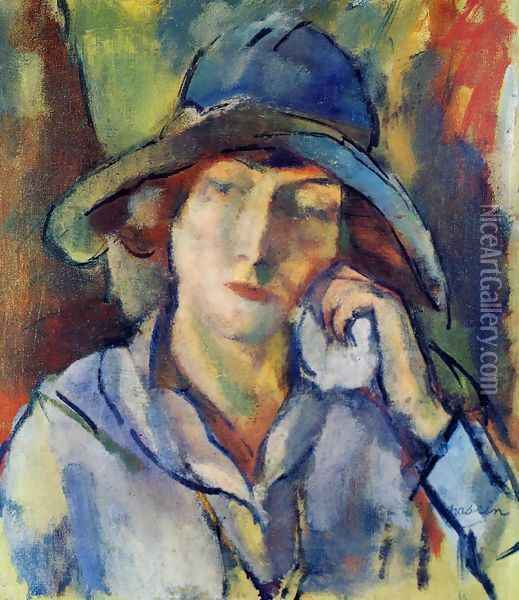 Hermine in a Blue Hat Oil Painting - Jules Pascin