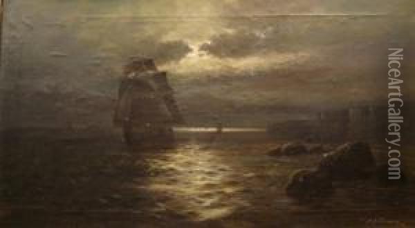 Moonlight, Sailing Ships Off Coast On A Cloudy Moonlightnight Oil Painting - Sidney Yates Johnson