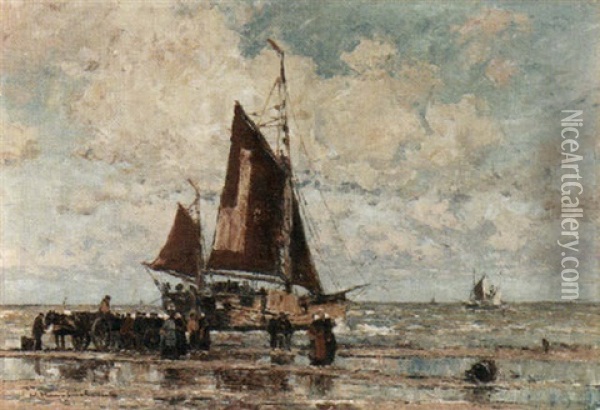 Fishing Boat On A Beach Oil Painting - Wilhelm Hambuechen