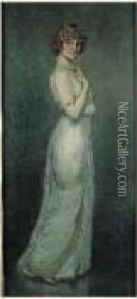 Elegante En Robe Longue Oil Painting - Antonio De La Gandara