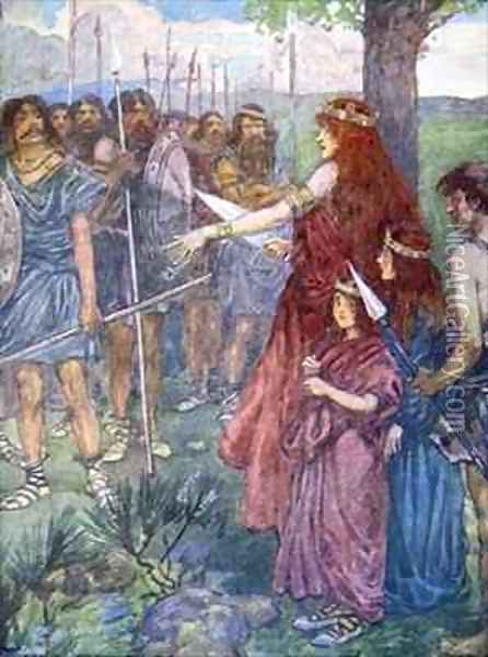 Will you follow me men Boadicea spiriting her men to fight her daughters beside her Oil Painting - A.S. Forrest