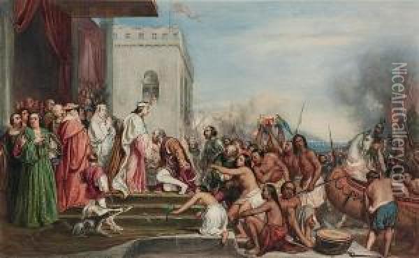 The Reception Of Christopher Columbus By King Ferdinand Ii And Queen Isabella Of Spain In Barcelona Oil Painting - Joseph-Nicolas Robert-Fleury
