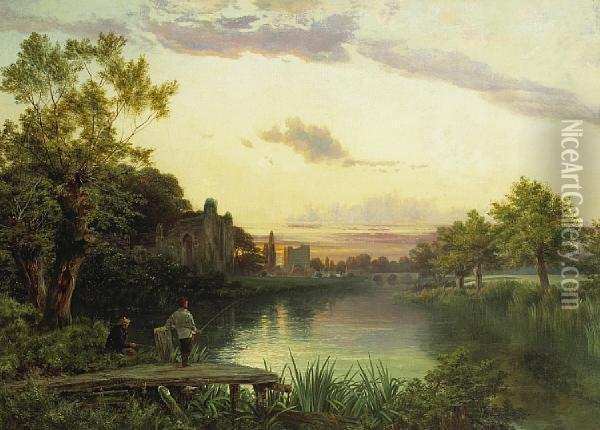 Anglers At Sunset By The Ruins Of An Abbeywith A Village Beyond Oil Painting - Joseph Paul Pettitt