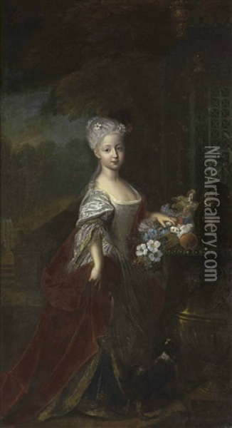 Portrait Of A Girl, Probably Empress Maria Theresa Of Austria, In A Silver Dress And Red Velvet Robe, With A Dog And A Monkey Oil Painting - Antoine Pesne