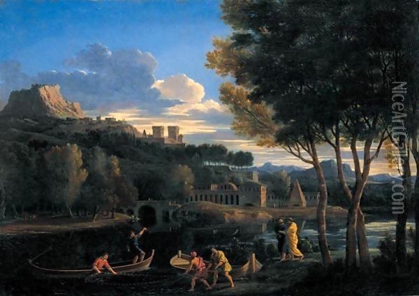 A Classical Landscape With Figures Beside A River And A Fortified Town Beyond Oil Painting - Etienne Allegrain