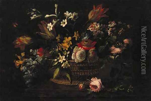 Flowers in a basket on a wooden ledge Oil Painting - dei Fiori (Nuzzi) Mario