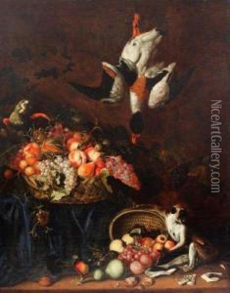 Nature Morte Aux Paniers De Fruits Animee D'un Singe Et D'unperroquet. Oil Painting - Frans Van Cuyck Van Myerhop
