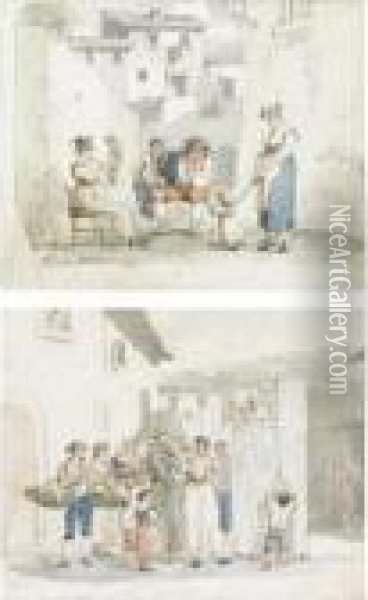 A Group Of Seven Watercolours Of
 Roman Scenes: Peasants Worshipping At A Shrine; A Punch And Judy Show; A
 Family Playing With Children; Peasants On A Road; A Tavern Scene; 
Washerwomen; Musicians Serenading Oil Painting - Bartolomeo Pinelli
