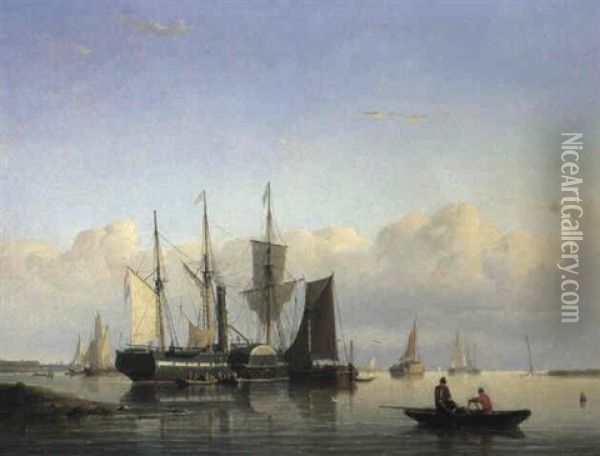 Steamship And Sailing Vessels Offshore In A Calm Oil Painting - Johan Adolph Rust