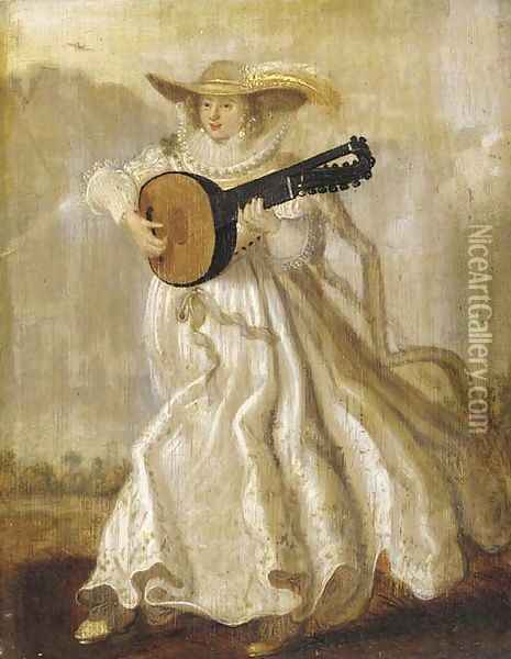 A lady dancing and playing the lute in a landscape Oil Painting - Adriaen Pietersz. Van De Venne