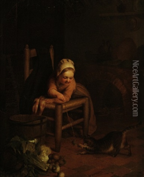 Madchen Mit Katze Spielend Oil Painting - Francois Antoine de Bruycker