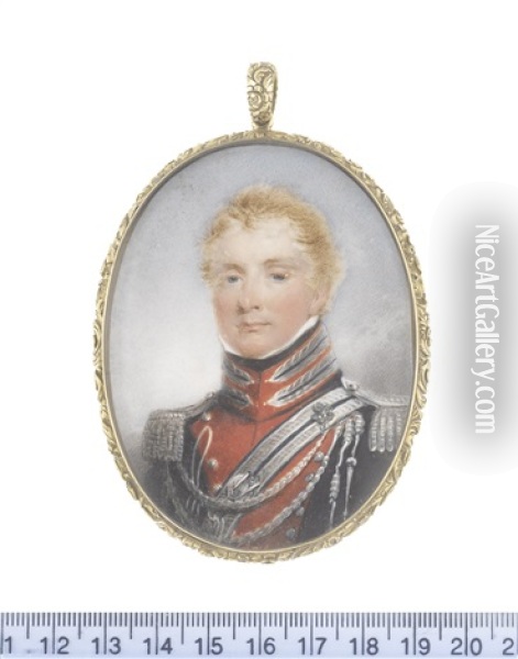 An Officer, Wearing Dark Blue Coat With Standing Collar And Red And Silver Facings, Silver Epaulettes, Aiguillettes And Regalia, White Chemise And Black Stock Oil Painting - Thomas Hargreaves
