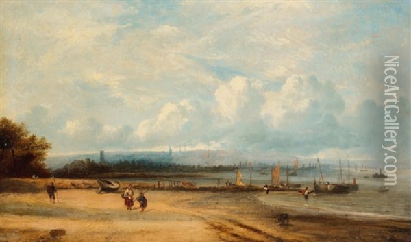 Fishing Boats Along A Shore Oil Painting - John Wilson Carmichael