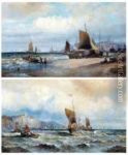 Fishing Luggers Ashore Oil Painting - William A. Thornley Or Thornber