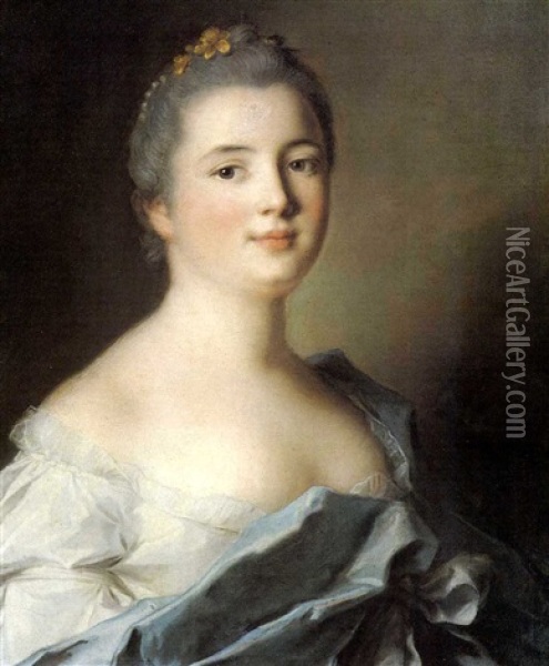 Portrait Of The Baroness De Fontettes, Bust Length,         Wearing A White Dress With A Blue Cloak, Pearls And Flowers Oil Painting - Jean Marc Nattier