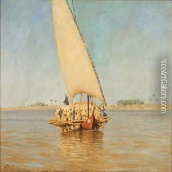 Marine With A Sailboat On The Nile Oil Painting - Andreas Christian Riis Carstensen
