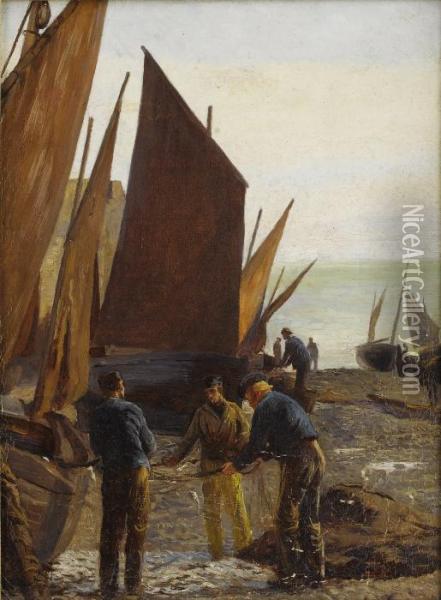 Fishermen At Clovelly, Devon Oil Painting - Anna Richards Brewster