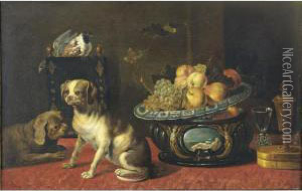 Still Life With Dogs And A Fruit Bowl ; Oil On Canvas] Oil Painting - Pieter Van Boucle