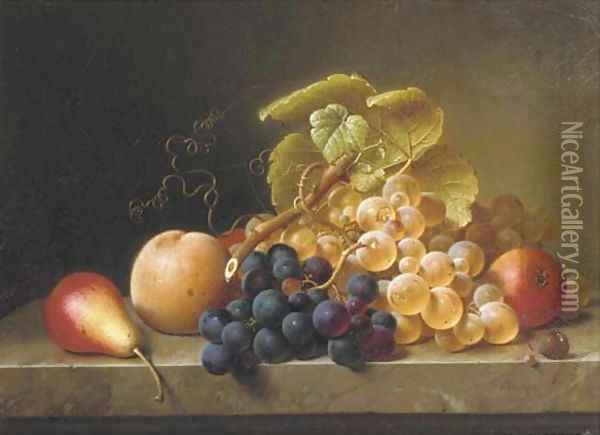 Pears, grapes and a peach on a ledge 2 Oil Painting - Johann Wilhelm Preyer