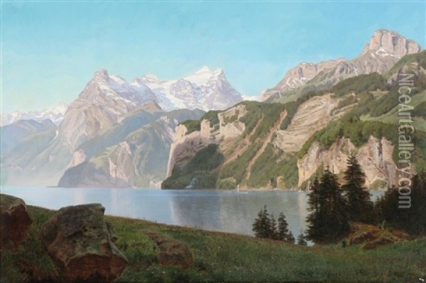 Landscape With Sunny Snow-clad Mountains And A Lake Oil Painting - Janus la Cour