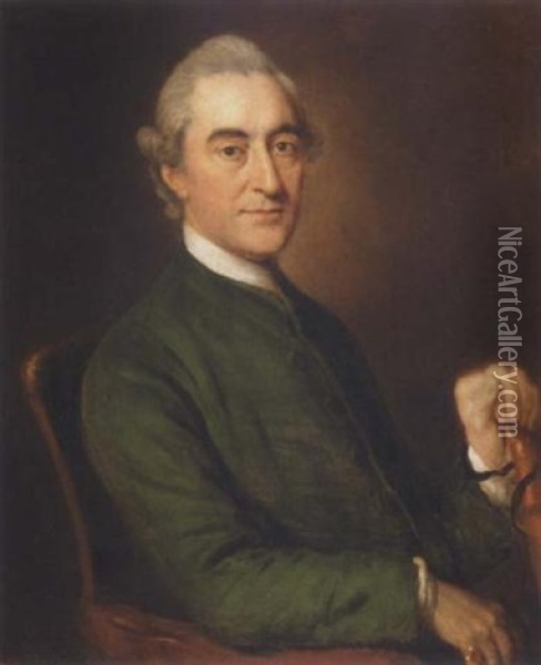 Portrait Of George Burges Wearing A Green Coat And Holding A Walking Stick In His Left Hand Oil Painting - William Hoare
