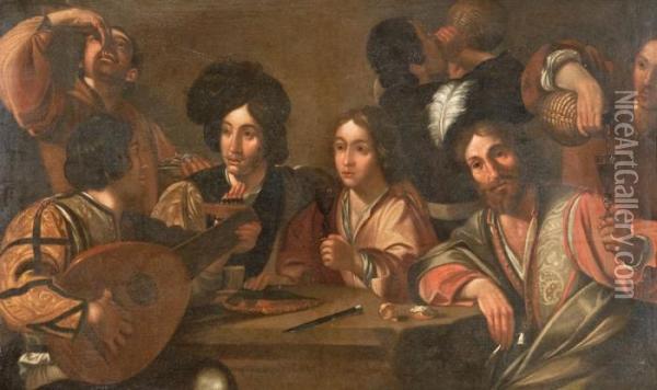 Scena Di Taverna Con Bevitori E Suonatore Di Liuto. Oil Painting - Michelangelo Merisi Da Caravaggio