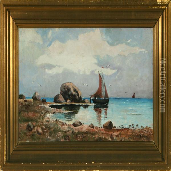 Along The Coast Withfishermen At The Boat Oil Painting - Louis Isak Napoleon Jensen