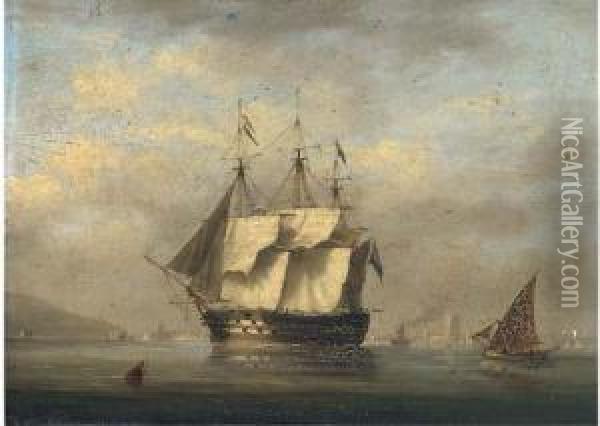 A British Two-decker Arriving At
 Lisbon And Preparing To Anchorwith The Belem Tower Off Her Stern Oil Painting - Condy, Nicholas Matthews