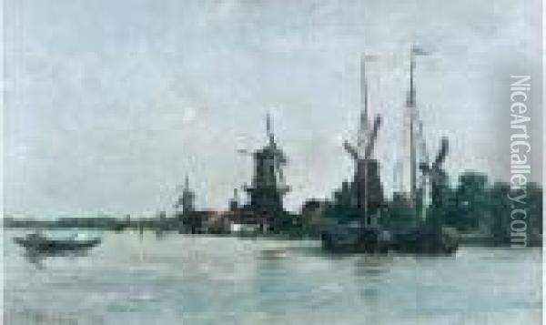 Moulins Au Bord De L'eau A Dordrecht, Hollande Oil Painting - Karl Pierre Daubigny