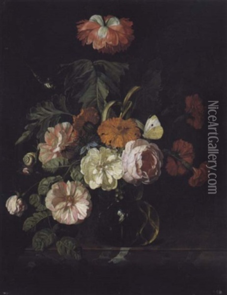 Bouquet De Fleurs Avec Un Escargot Etune Libellule Oil Painting - Isaac Denies