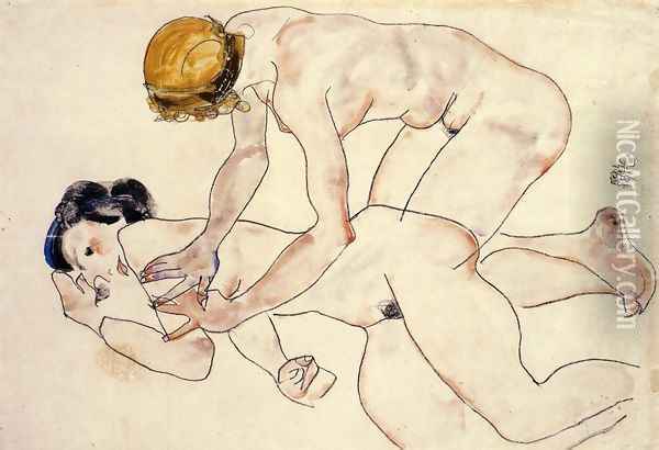 Two Female Nudes One Reclining One Kneeling Aka The Friends Oil Painting - Egon Schiele