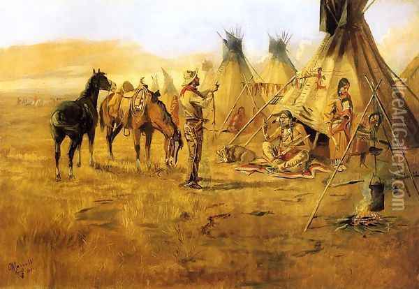 Cowboy Bargaining for an Indian Girl Oil Painting - Charles Marion Russell
