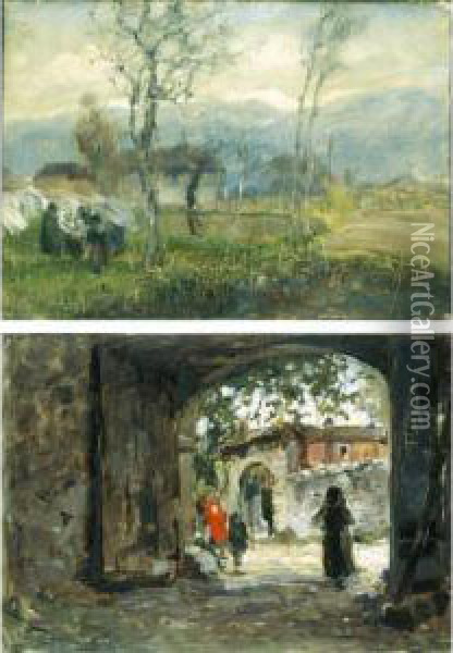 Coppia Di Paesaggi Con Figure Oil Painting - Vittore Antonio Cargnel