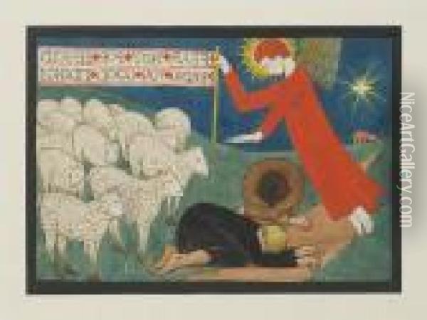 The Angel Of The Lord Appearing To Theshepherds Oil Painting - Eric Gill