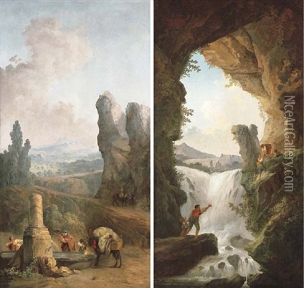 An Extensive Mountainous Landscape With Travellers By A Fountain (+ A Mountainous Landscape With Peasants Crossing A Waterfall; 2 Works) Oil Painting - Hubert Robert