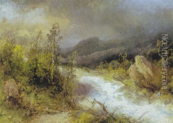 A Mountain Stream With A Stormy Sky Oil Painting - Hermann Herzog