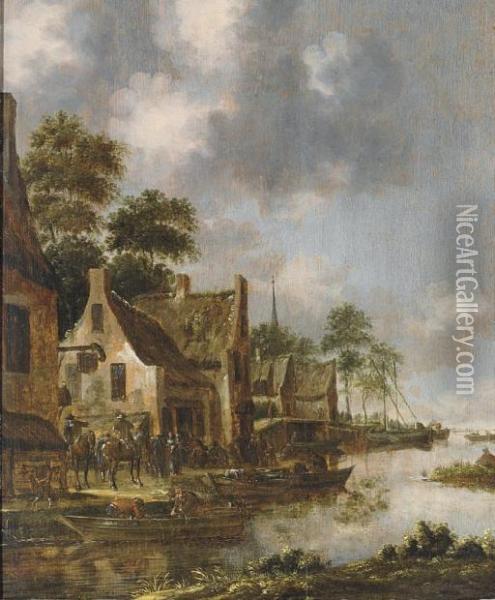 A River Landscape With Fishing Boats By A Village, Riders And Other Figures On The Bank Oil Painting - Thomas Heeremans