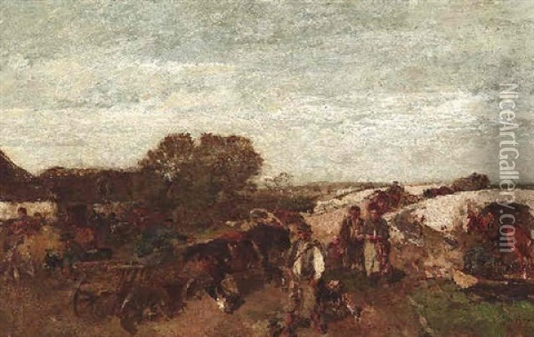 Bauern Mit Pferdefuhrwerken In Einem Estnischen Dorf Oil Painting - Gregor von Bochmann the Elder