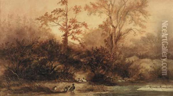 Ducks By A Pond In A Wood At Dusk Oil Painting - Marinus Van Der Maarel