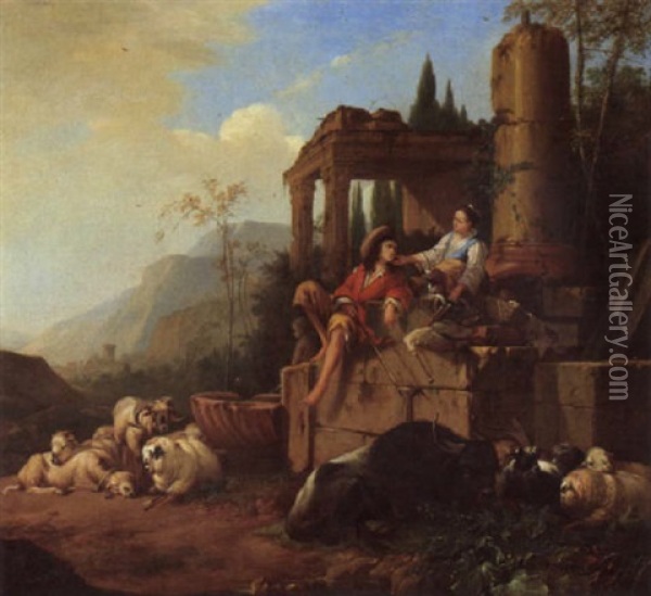 Southern Landscape With A Drover And Shepherdess With Their Flocks Beside A Fountain Oil Painting - Johann Heinrich Roos