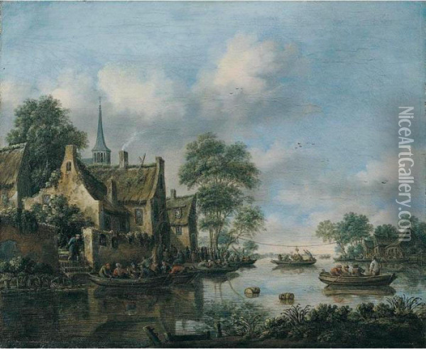 A River Landscape With Many 
Figures In Small Boats And On The Bank Near An Inn, A Game Of ``pulling 
The Goose' Beyond Oil Painting - Thomas Heeremans