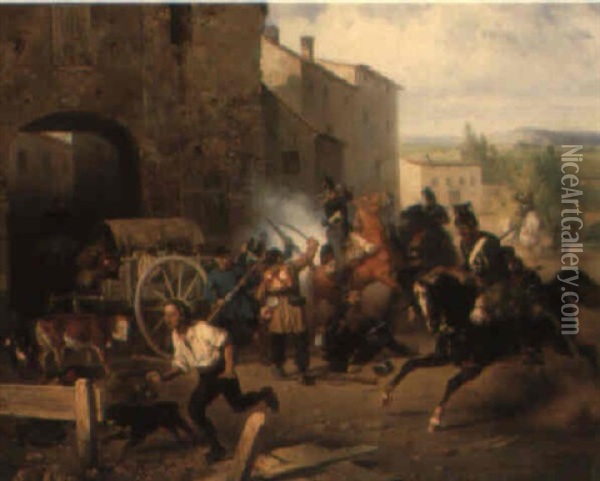 Taking The Village Oil Painting - Friedrich L' Allemand