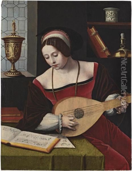 A Lady Playing A Lute In An Interior Oil Painting - Master Of The Half-Length Figures
