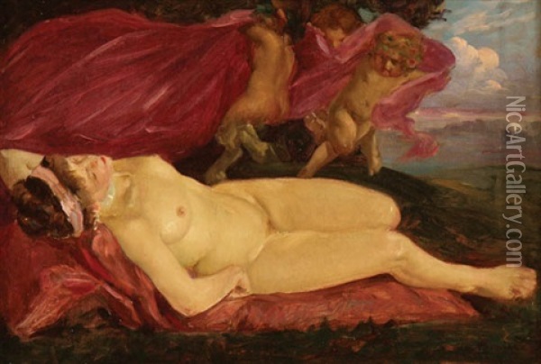 Antiope Reclining With Jupiter And Cupid Oil Painting - Andre Pierre Lupiac